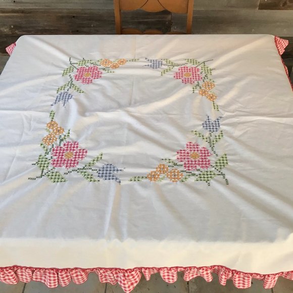 Vintage White Tablecloth with Pink and Blue Floral Design - Picture 6 of 6